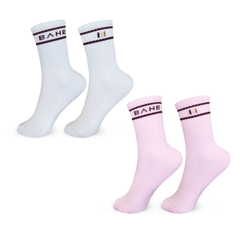 BAHE - STUDIO GRIPPY CREW SOCKS - Pink/White
